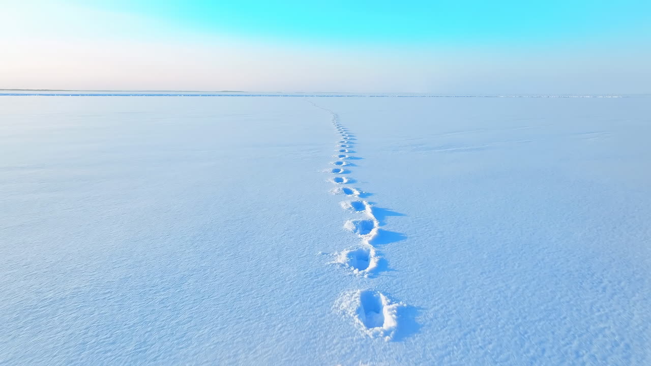Impronte solitarie su una distesa innevata e ghiacciata sotto un cielo azzurro pallido, una profonda traccia unica che conduce in lontananza.