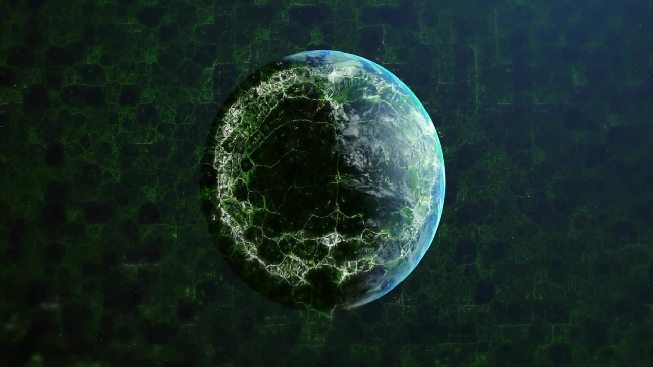 La luz solar golpea la Tierra, impulsando la aparición de una cuadrícula hexagonal y la extensión de filamentos neuronales para una superposición digital.