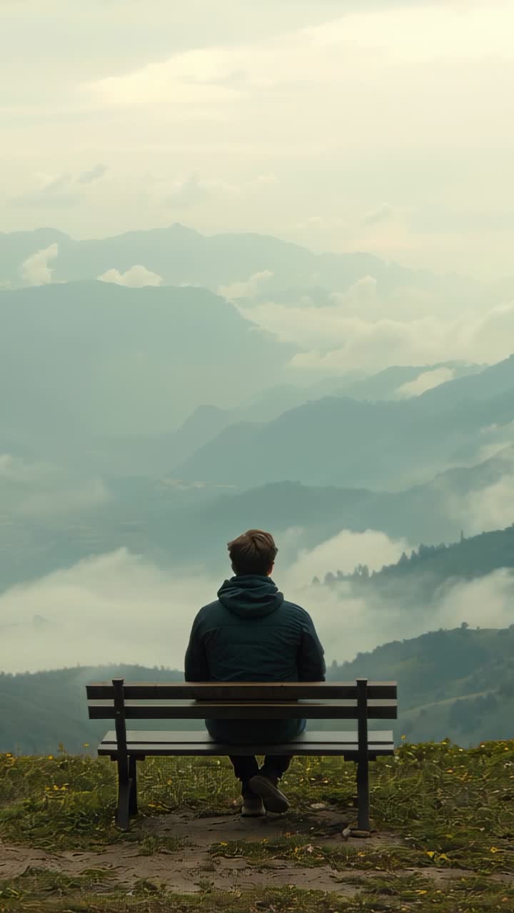 Vertical video: Mist shifting, hooded man sitting bench at mountain view turning right seeing slope