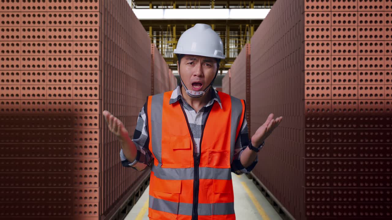 Wondering Asian Male Engineer With Safety Helmet Saying Why Working Doubtfully With Red Brick Packed in Stacks Are Stored