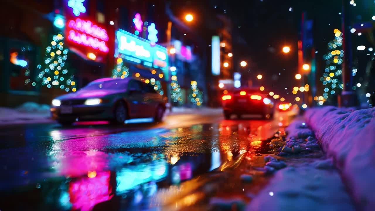 A Vibrant Night Scene with Reflections of Colorful Lights on a Snowy Street, Featuring Cars Driving Through a Festively Decorated Urban Environment During the Winter Season