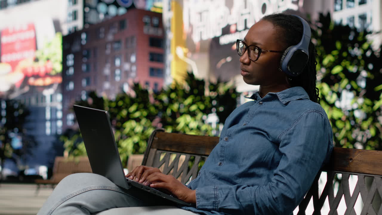 African american digital nomad working with laptop on city park bench
