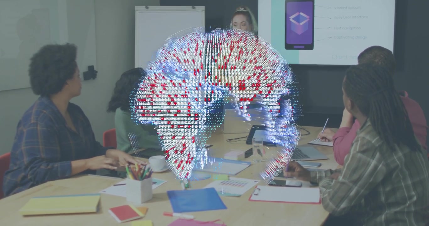 Holographic globe emerging above table rotating as presenter illustrating concepts business meeting