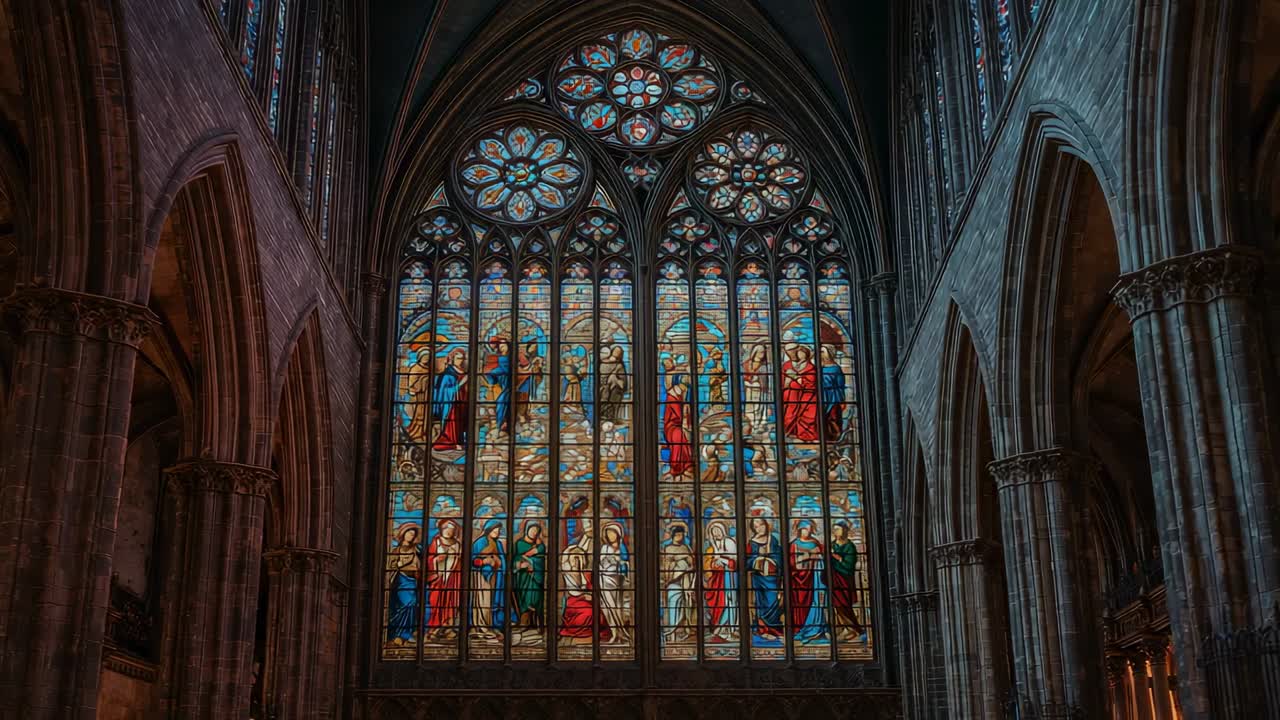 At start, camera zooming into glass lancets, rose window inside cathedral nave, revealing details