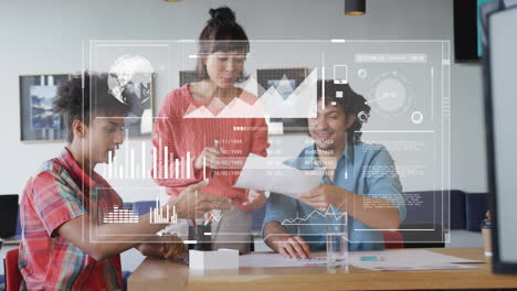 animation of data processing and diagrams over diverse colleagues discussing work