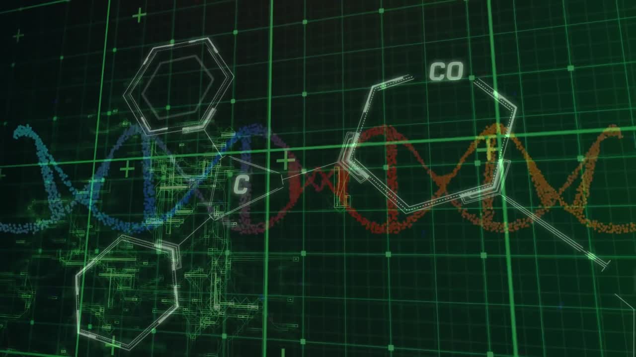 animación de la cadena de adn y procesamiento de datos sobre una cuadrícula sobre un fondo negro