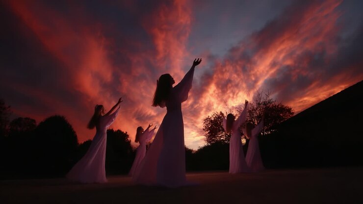 A Choreographed Dance Under a Dramatic Sunset: Graceful Movements and Ethereal Figures Captured in Silhouette Against a Colorful Sky