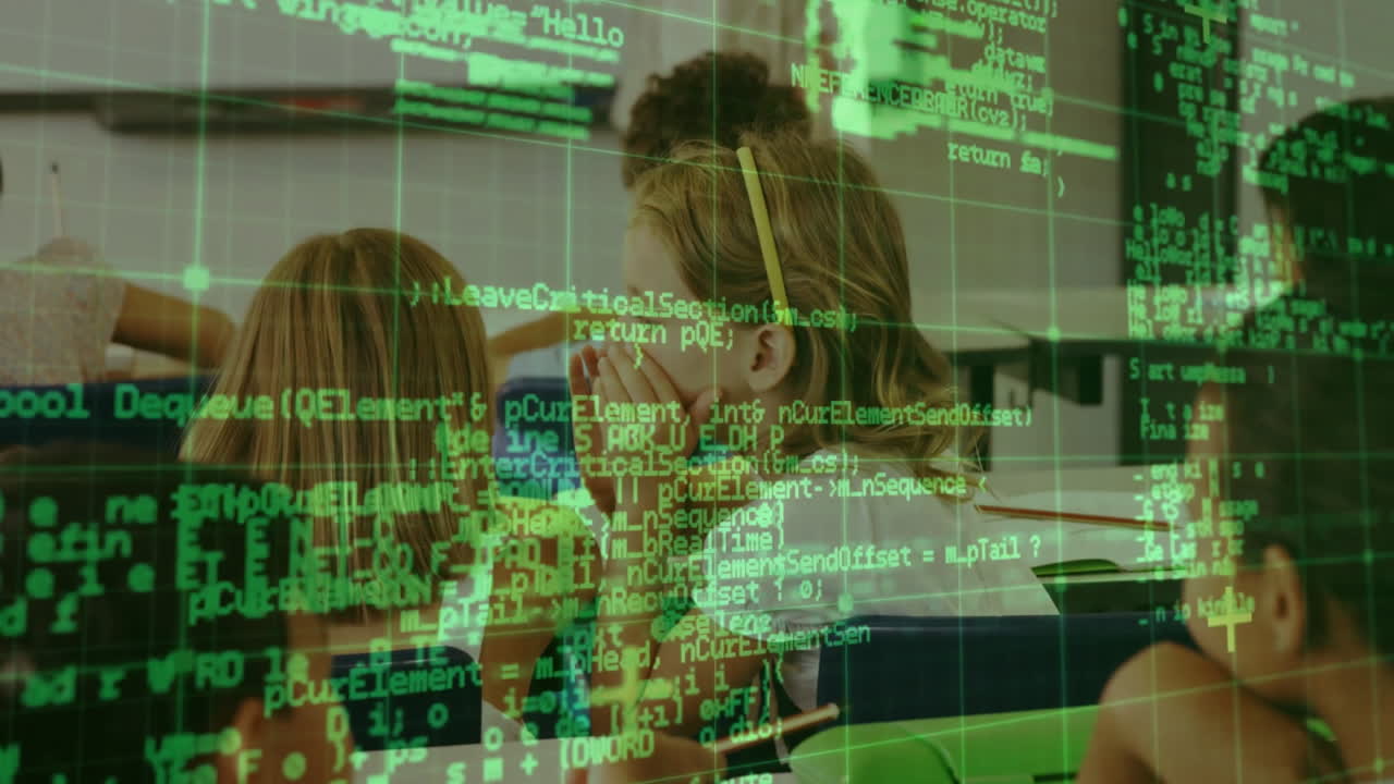 Girl whispering to classmate at desk in classroom showing education grid with pencil icons