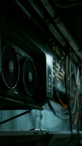primer plano de un gran ventilador de enfriamiento de computadora en una sala de servidores