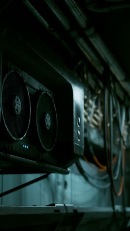 close-up of a large computer cooling fan in a server room