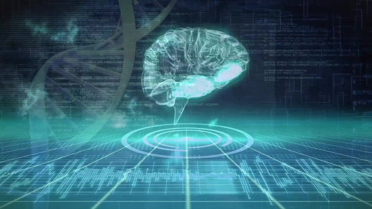Animation of dna structures and human brain spinning against data processing on blue background