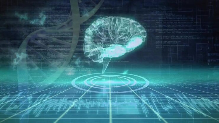 Animation of dna structures and human brain spinning against data processing on blue background