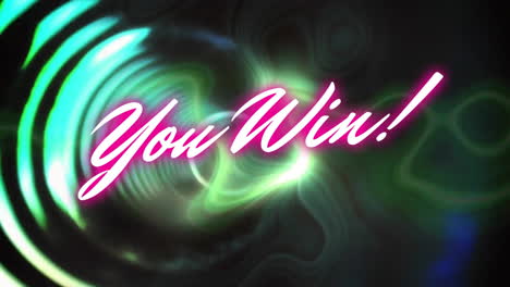 animation of you win text in glowing pink over blue circular tunnel and green wave on black