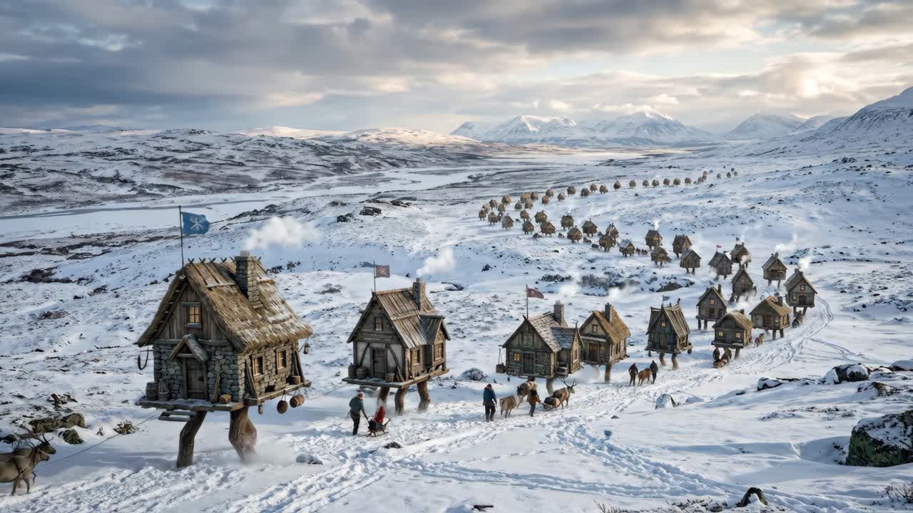 Karlı bir dağ silsilesi boyunca yolculuk eden fantastik hareketli evler ve insanlar