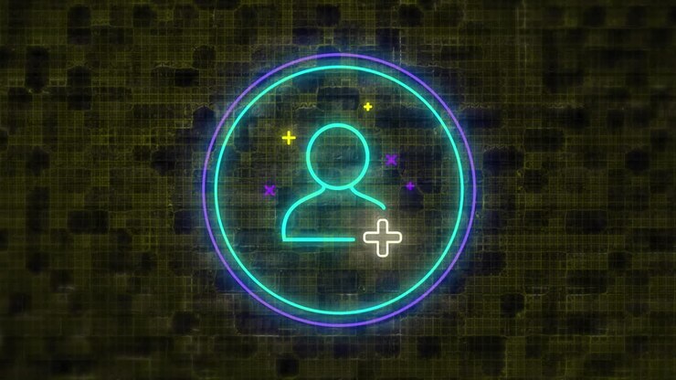 Animazione digitale di icona "aggiungi amico" verde neon su banner circolare su sfondo di muro di mattoni