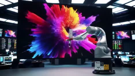 in a high-tech control room, a robotic arm skillfully produces vibrant visual effects on a large screen, captivating the audience. the demonstration showcases advanced engineering and creativity.