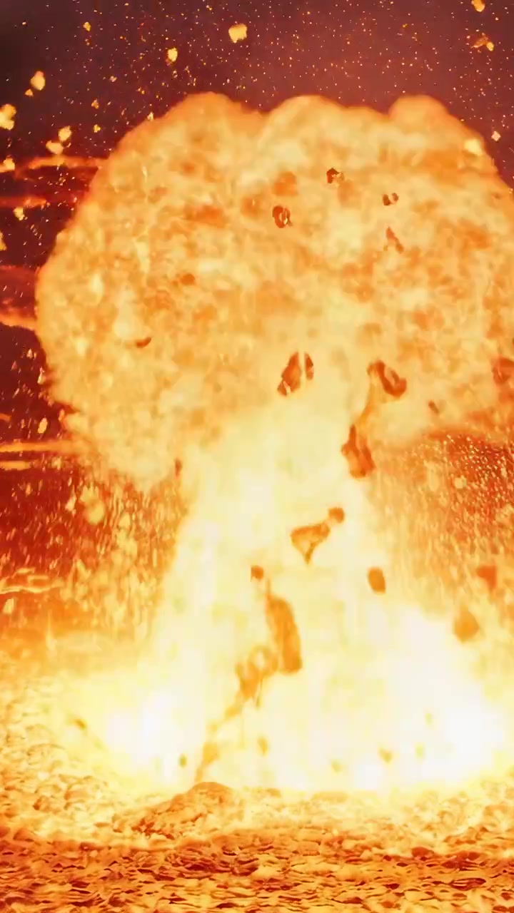 Vertical video: Erupting fireball forming column on rocky ground after sudden burst, sending embers