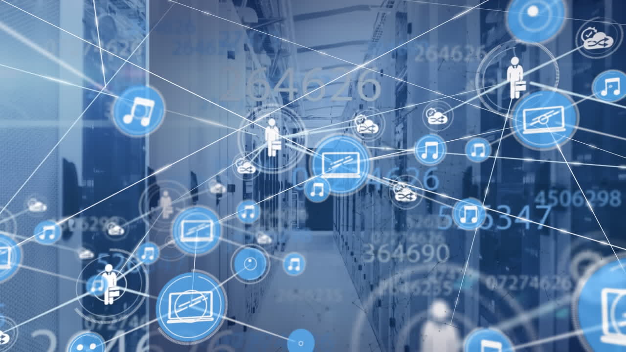 연결 네트워크의 애니메이션과 컴퓨터 서버를 통한 데이터 처리