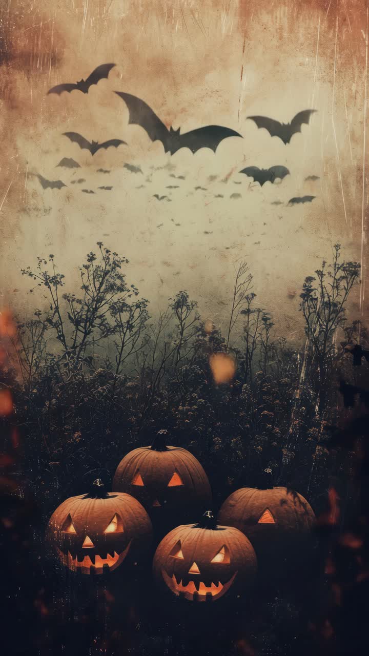 Eerie low-angle video concept with carved pumpkins and flying bats