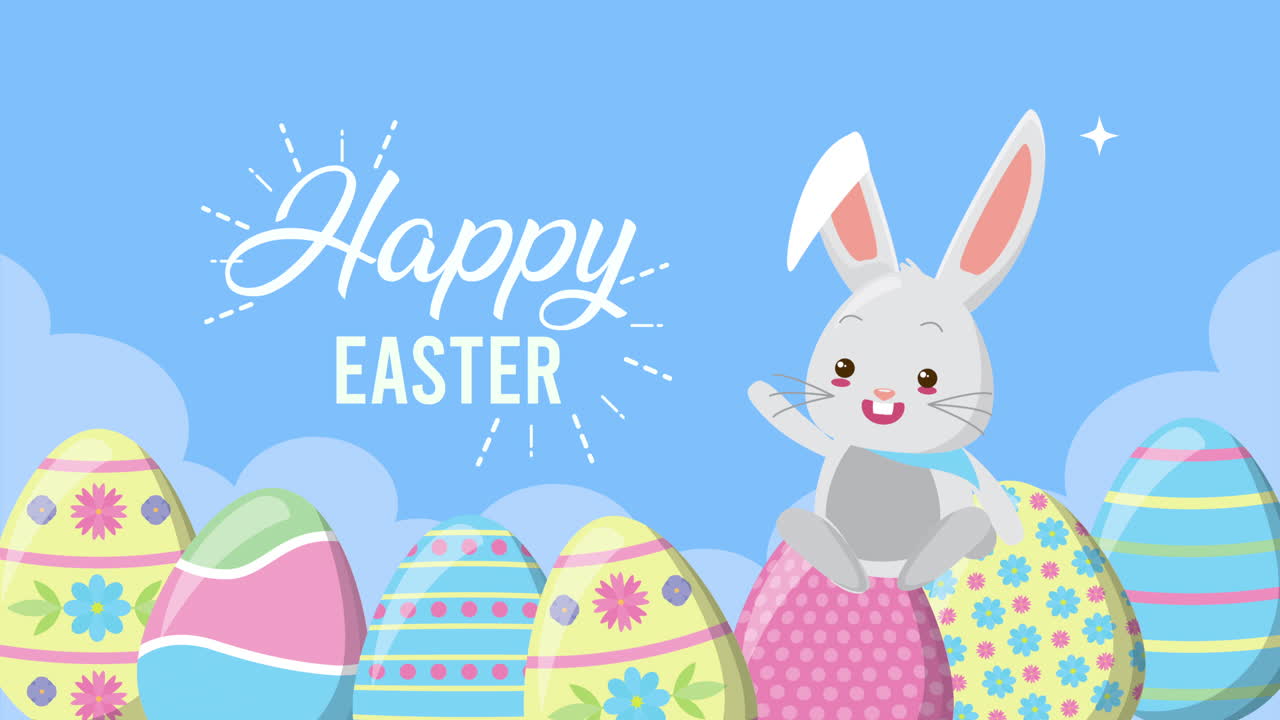 happy easter animated card with eggs painted and rabbit