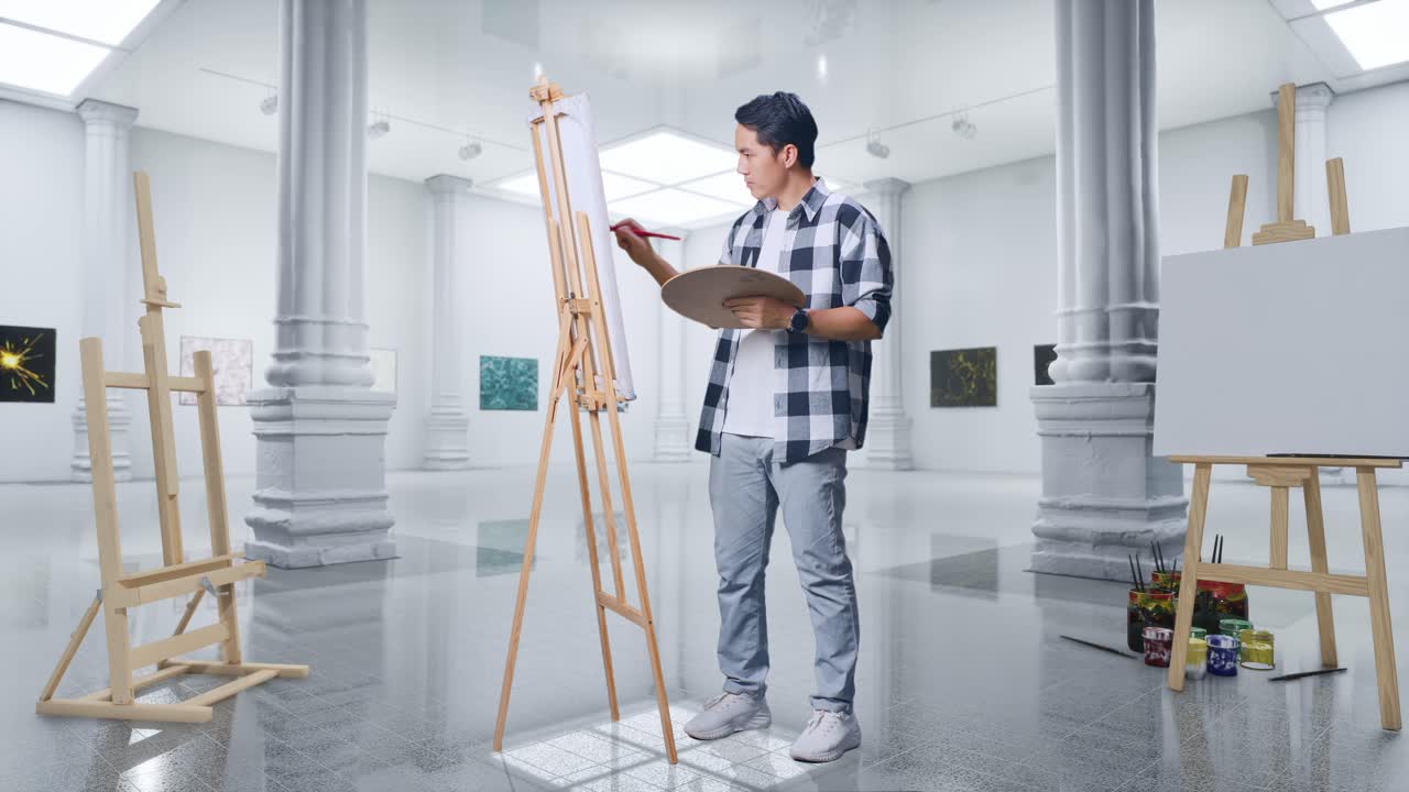 갤러리에서 오일 페인트와 브러쉬로 캔버스에 그림을 그리는 동안 페인트 브러쉬를 사용하여 그림 템플릿을 측정하는 아시아 남성 예술가의 전체 몸