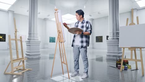 cuerpo lleno de artista masculino asiático usando pincel de pintura midiendo plantilla de imagen mientras pinta en lienzo con pinturas al óleo y pincel en galería