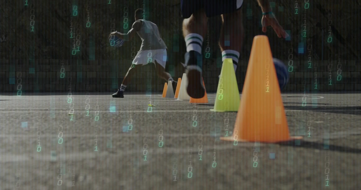 Lead player starting slalom dribble past cones, teammate matching foot overlay showing training