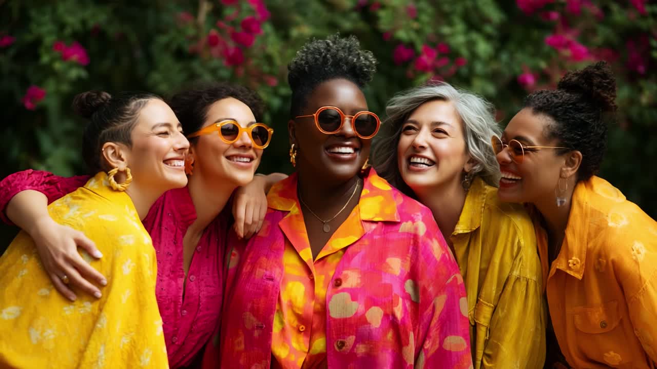 A Vibrant Celebration of Friendship: Five Women in Colorful Fashion Amidst a Blossoming Floral Background Radiate Joy and Connection in Their Shared Moment of Laughter and Togetherness