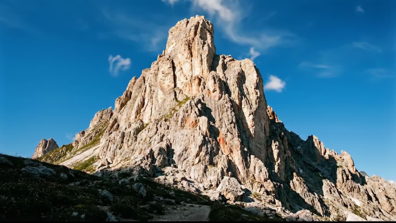 Vidéo en accéléré d’un majestueux sommet de montagne dans les Dolomites avec un randonneur
