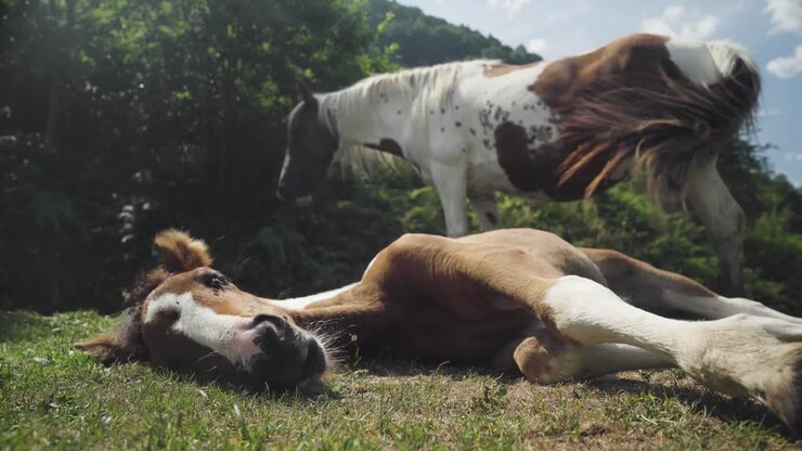Cavallo che pascola vicino a un animale che dorme