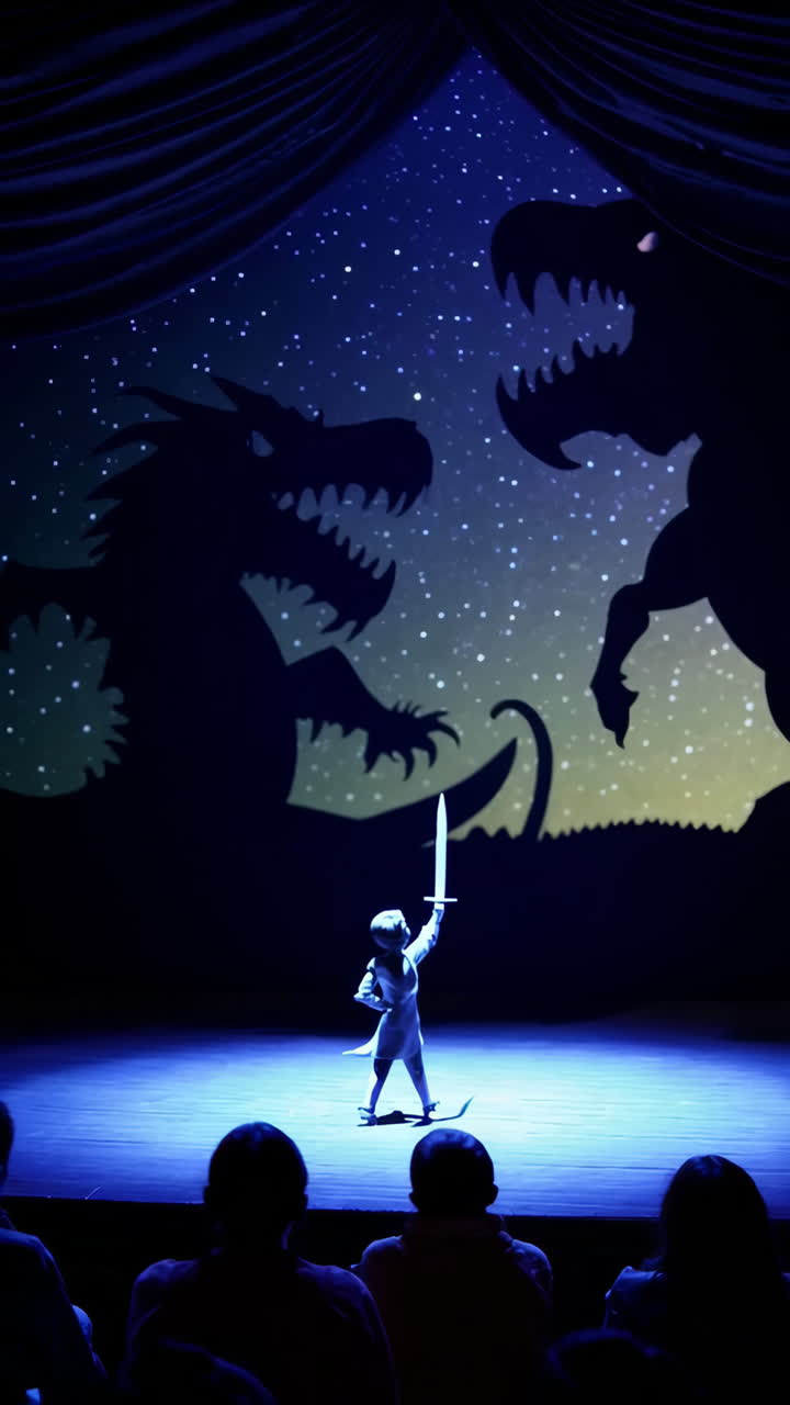 Child on stage with sword facing giant monster silhouettes