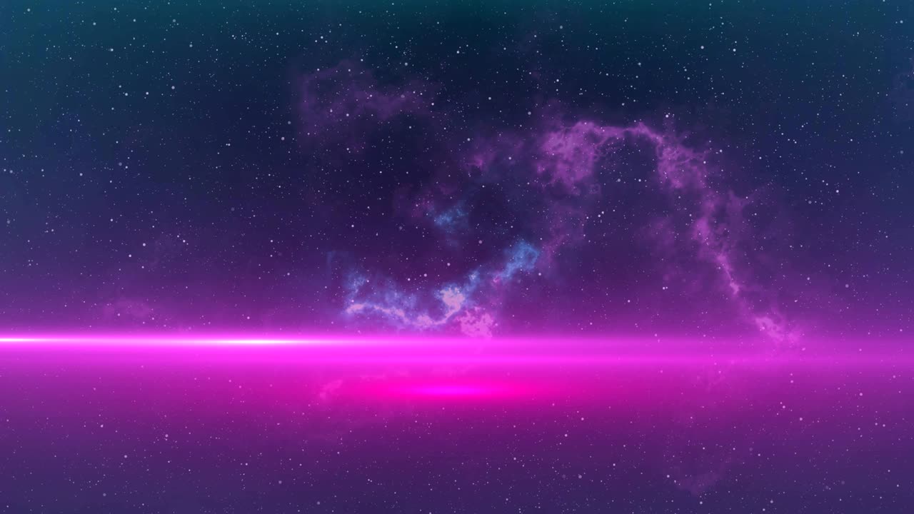 Glowing pink rays of light and blue and pink nebula moving in the night sky