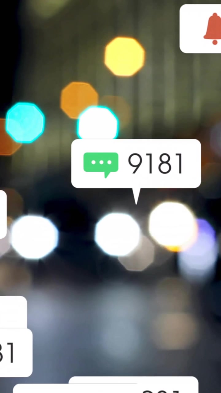 Social media notifications animation over blurred city lights at night