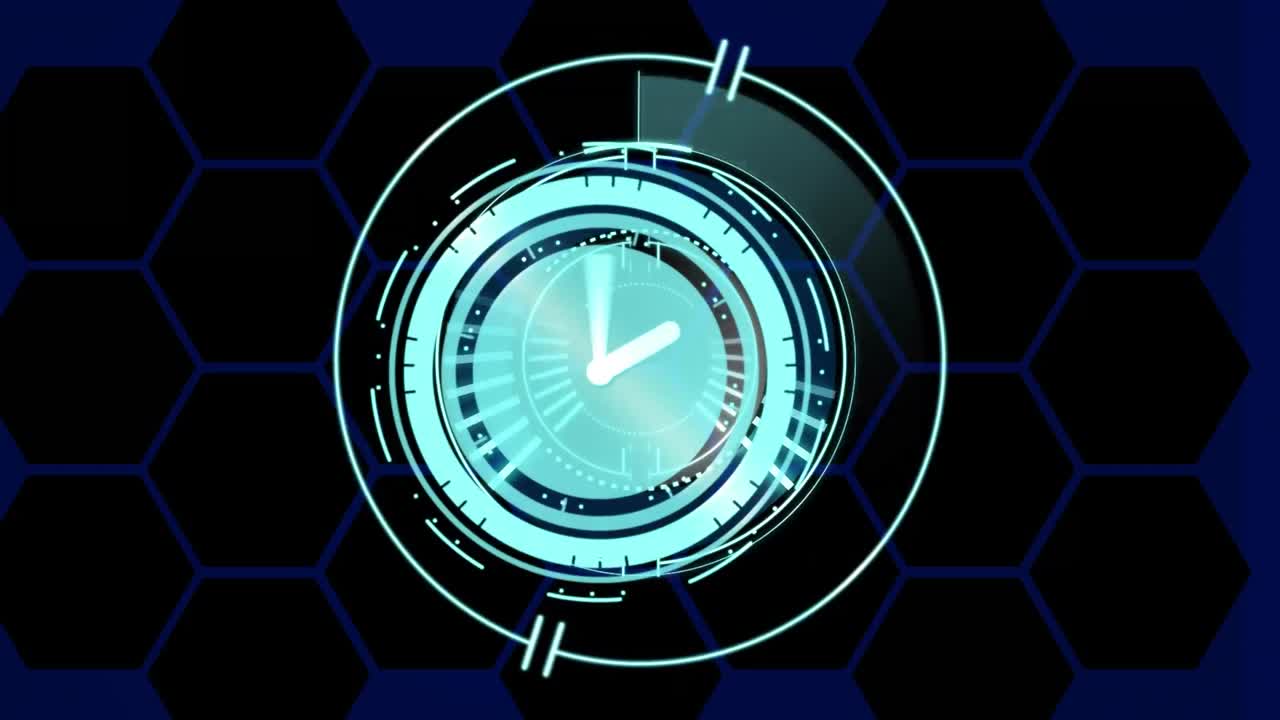 animación de reloj en movimiento y escaneo de alcance sobre hexágonos sobre fondo azul