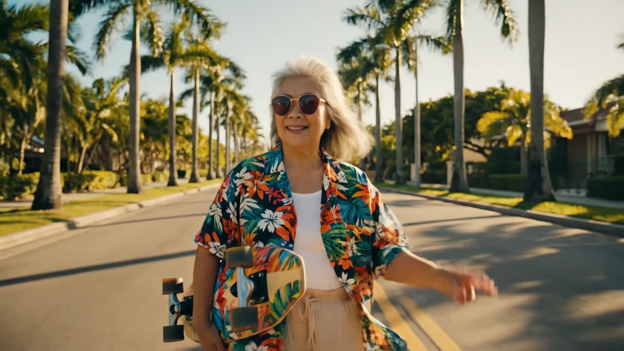 Senior woman with skateboard on tropical street