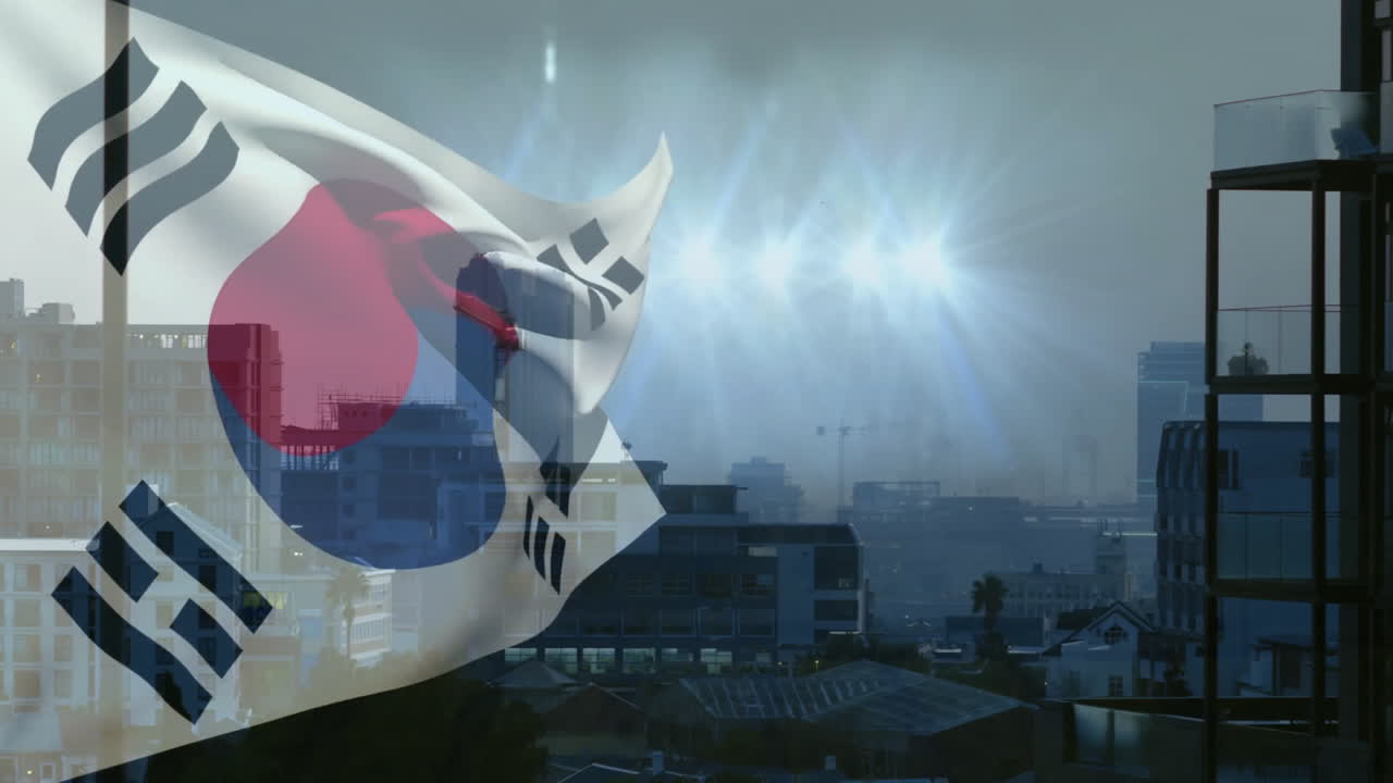 Flat design illustration showing South Korean flag waving over modern city skyline with cranes