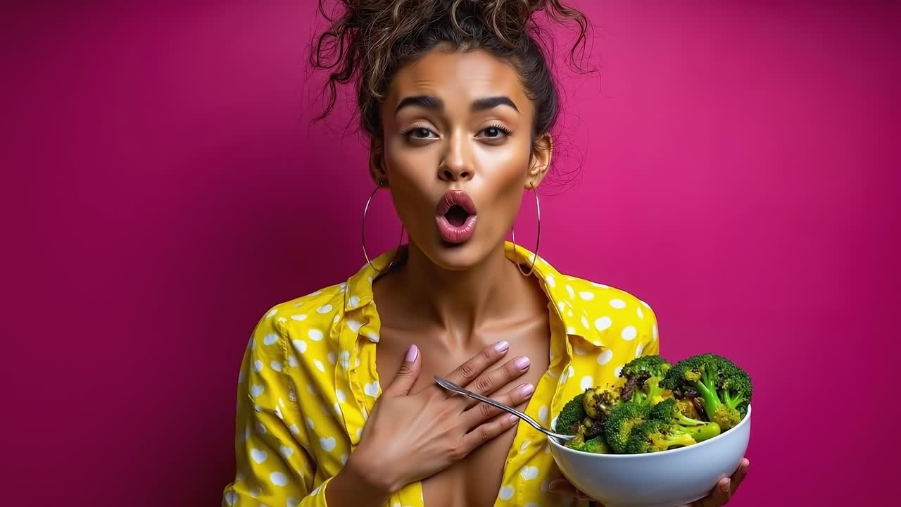 A woman holding a bowl of broccoli with a surprised look on her face