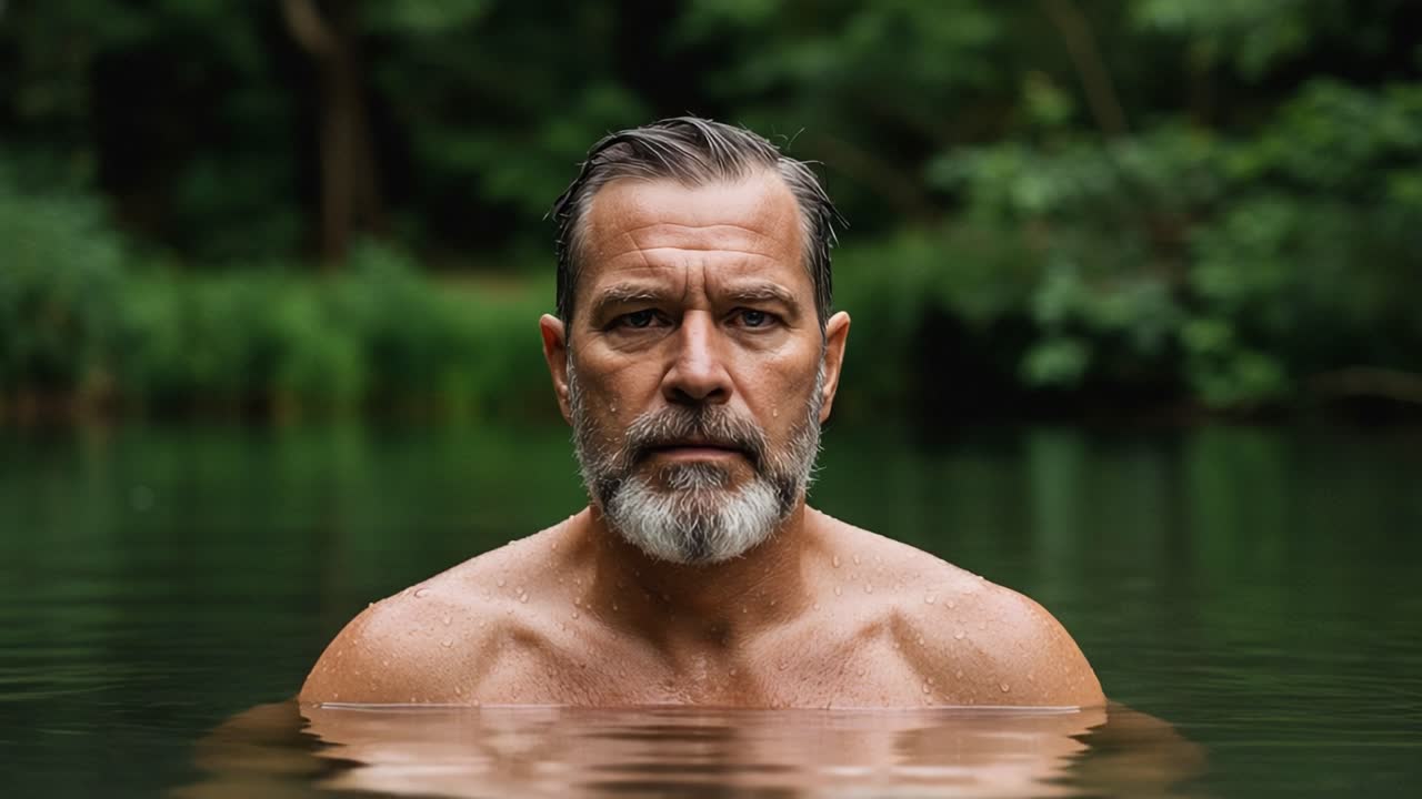 A Solemn Man in Deep Reflection: Captured Moments of Contemplation While Immersed in Nature's Peaceful Waters