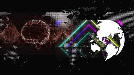 cerebro humano y globo girando sobre el mapa del mundo contra un fondo negro