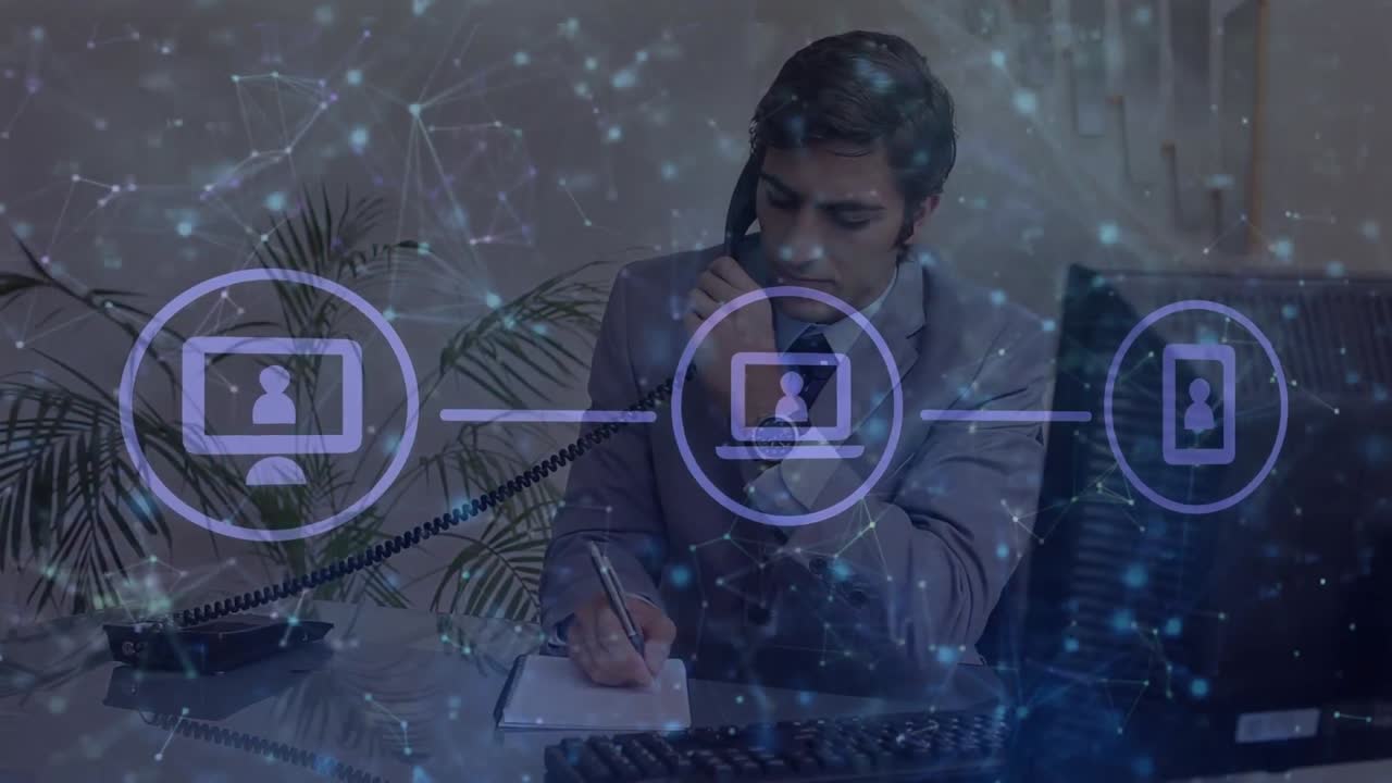 animación de la red de conexiones sobre empresario caucásico tomando notas y hablando por teléfono