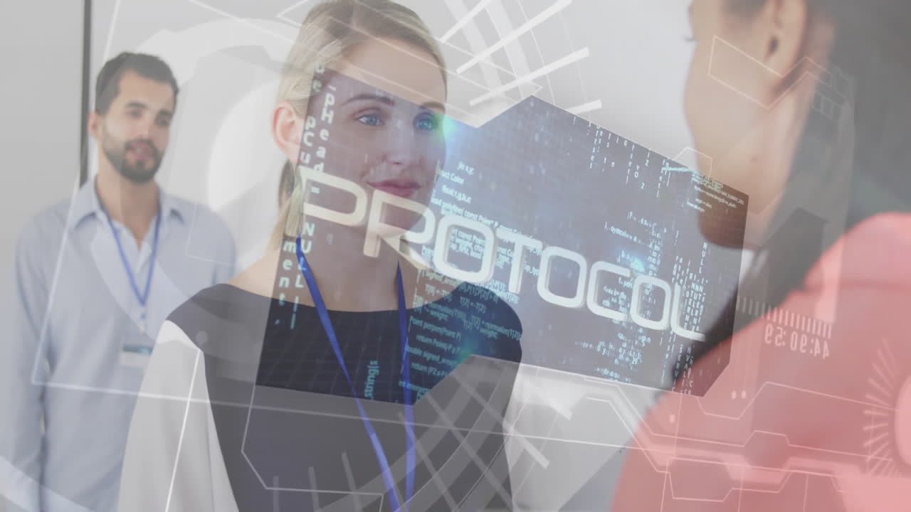 Discussing digital data, business professionals collaborating in modern office environment