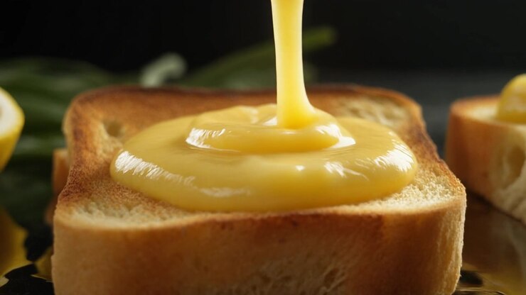 Lemon Curd Being Poured onto a Slice of Toasted Bread