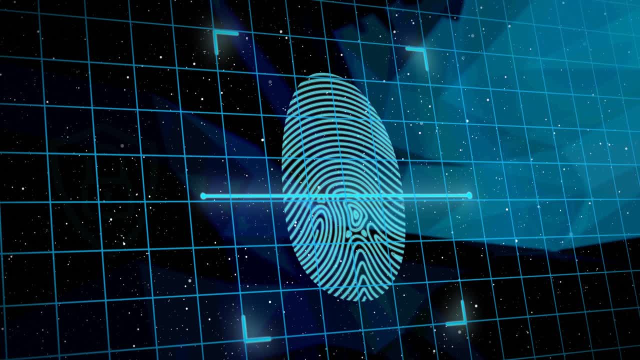 animación de candados de seguridad en línea con huellas dactilares biométricas y procesamiento de datos en segundo plano