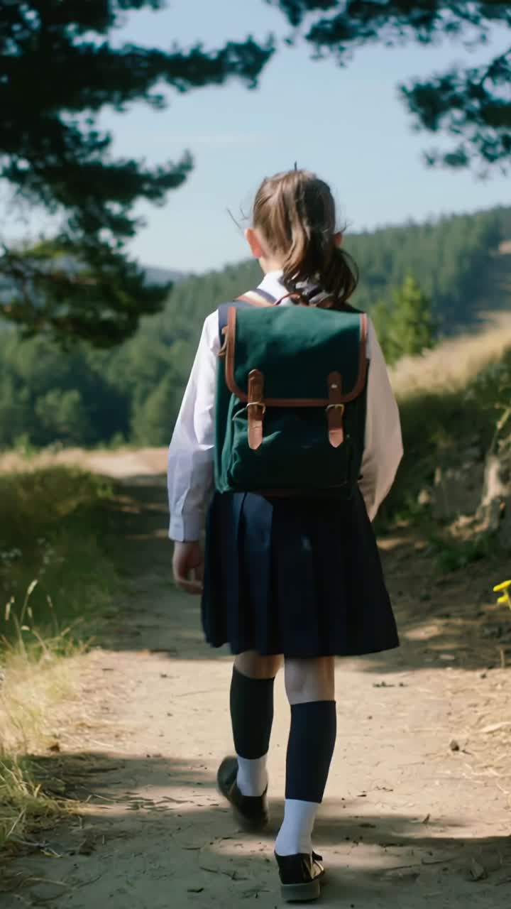 Vertical video: Walking pupil midstep with purpose along dirt trail with green backpack, navy skirt