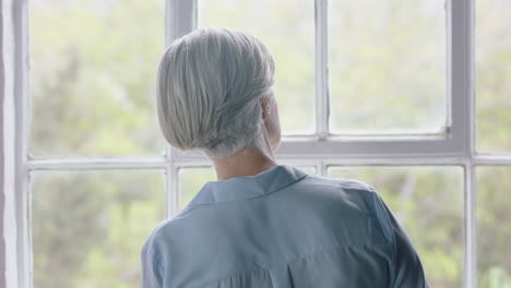 old caucasian woman drinking coffee at home enjoying successful retirement looking out window planning ahead middle aged female thinking contemplating retired lifestyle