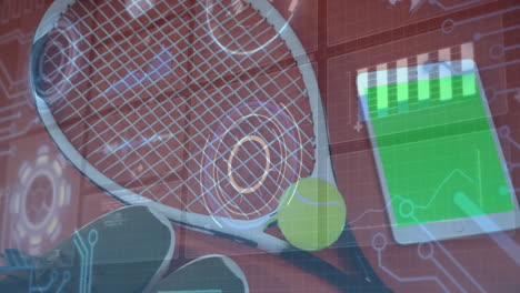 tennis racket and ball being visualized diagonal on red court with tablet and hud analytics overlay