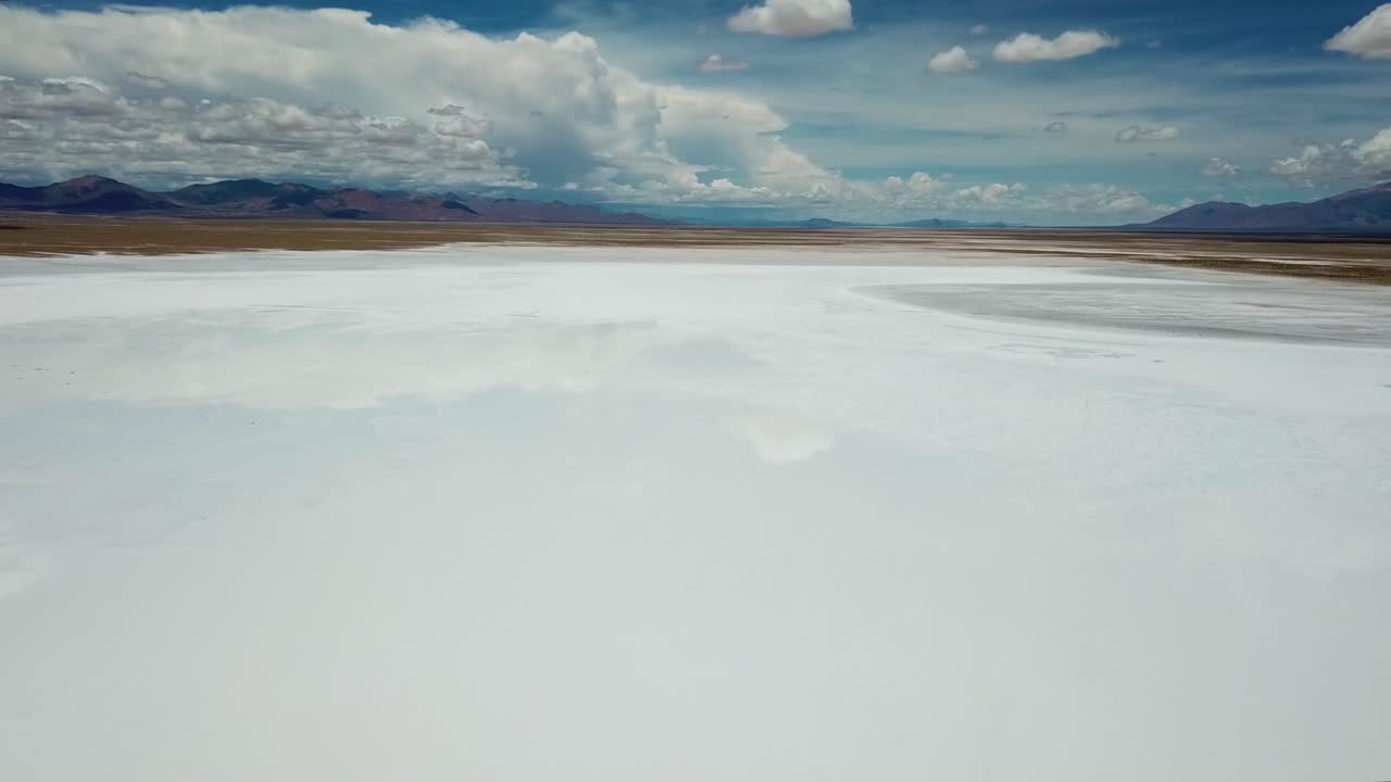 Salt Flat Drone Aerial View. White Lake Under Blue Sky, Salinas Grandes, Salta, Argentina