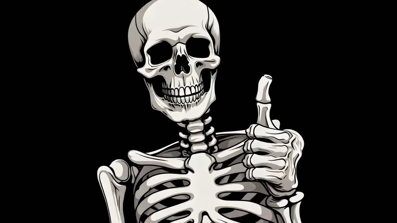 Cartoon skeleton giving a thumbs-up against a black background