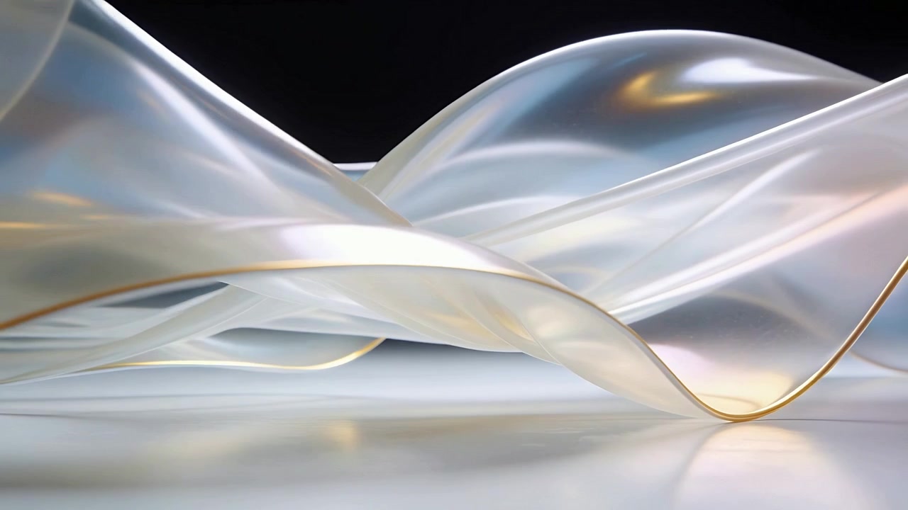 Gliding sheer ribbons shifting over glossy tabletop in studio, camera tracking revealing gold trim