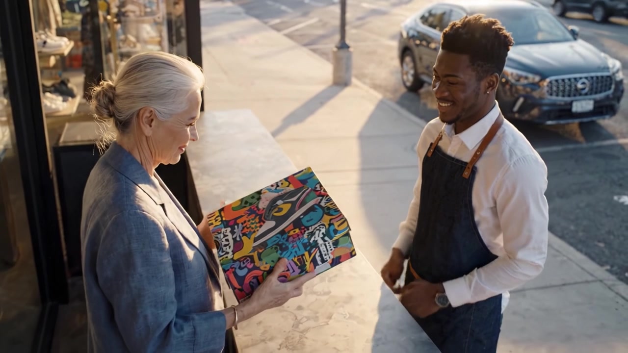 Un intercambio cautivador: un cliente recibe un paquete colorido de un vendedor amable en un mostrador, capturando un momento de anticipación y deleite